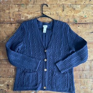 L.L.Bean Navy Cable Knit Cardigan | 100% Cotton | Women’s Large Vintage